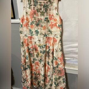 Vintage size 18 coral flower dress. Vintage size arm pit to arm pit is 21.5 in